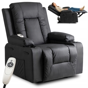 Fotel Masujący Rozkładany Wypoczynkowy Do Salonu z Podnóżkiem Czarny BOX